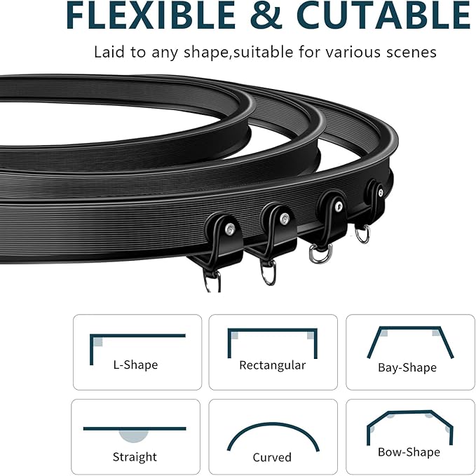 Flexible Bendable Ceiling Curtain Track, 16.4ft (5m) PVC, Metal, Plastic & Stainless Steel, Black, Ceiling Mounted
