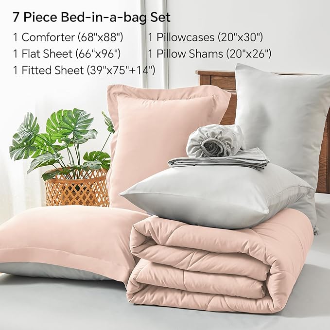 BEDELITE Twin Comforter Set 5 Pieces Bed in A Bag - Soft Microfiber Reversible Dusty Pink Bed Set with Comforters, Sheets, Pillowcase & Sham, Cozy Luxury Bedding Sets for All Season