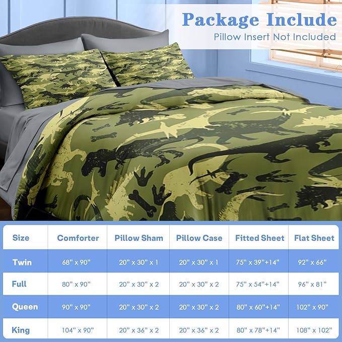 Comforter Set Twin Size, Camouflage Dino Dinosaur 5 Pcs Bedding for Kids and Adults, Cute Funny Green Bed Sheet Sets with Fitted Sheet Pillowcase & Sham for Bedroom Bed Decor
