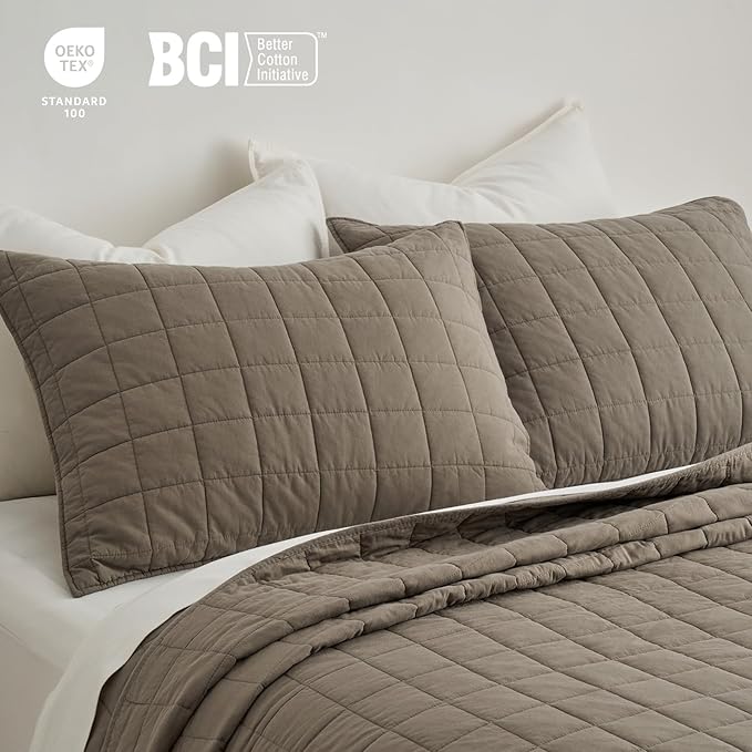 EVERGRACEHOME 100% Cotton Box Stitch Quilt Bedding Set Queen Size 3 Pieces, Garment-Washed Lightweight Soft Cozy Coverlet, Quilted Bedspread Sets with 2 Shams for All Season, Mocha Brown