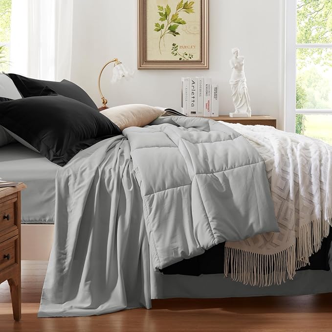 Anluoer Queen Comforter Set 7 Piece, Black and Grey Bed in a Bag with Sheets, All Season Bedding Comforter Sets with 1 Comforter, 2 Pillow Shams, 2 Pillowcases, 1 Flat Sheet,1 Fitted Sheet