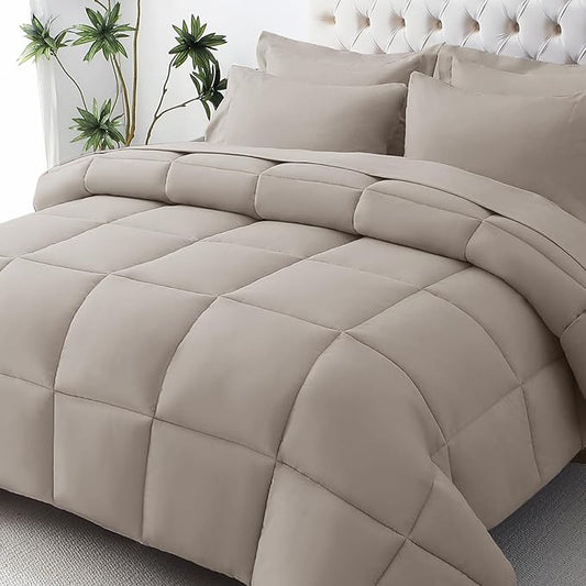 JOLLYVOGUE Queen Comforter Set, Ultra-Soft Bed in a Bag Queen Size 7 Pieces, Oeko-TEX Certified Bedding Set with Down Alternative Comforter, Sheets, Pillowcases & Shams, Khaki