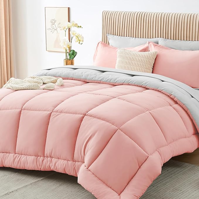 Sasttie California King Comforter Set, 7 Pieces Reversible Cal King Bed in a Bag, Complete Bedding Set Includes Comforter, Flat Sheet, Fitted Sheet, Pillowcases and Pillow Shams, Pink & Light Grey