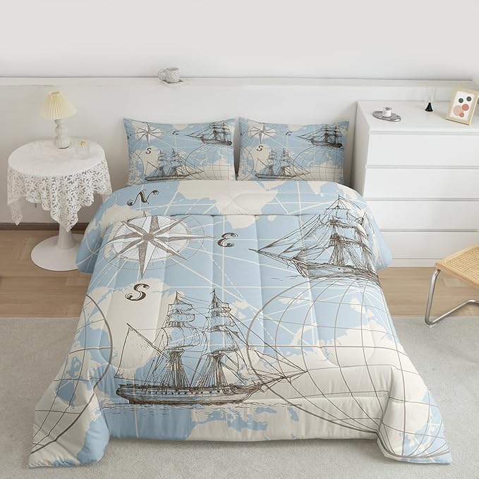 Erosebridal Nautical Comforter Set King, Vinatge Sailboat Bedding Set Room Decor, White Blue World Map Sketch Down Comforter, Retro Anchor Compass Quilt Set, Yacht Ship Bedding Comforter Sets, 3Pcs