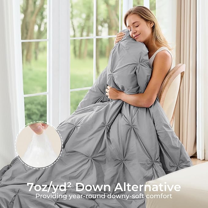 Sasttie Full Size Comforter Set, 7-Piece Bed in a Bag, Pintuck Bedding Sets for All Season, Includes Comforter, Flat Sheet, Fitted Sheet, Pillowcases and Pillowshams, Light Grey
