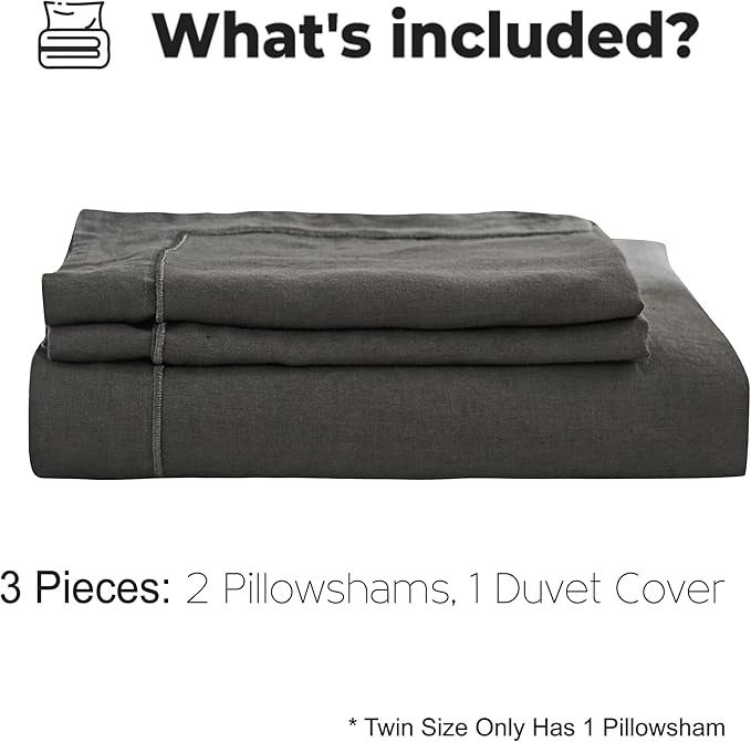 Simple&Opulence 100% Washed Linen Duvet Cover with Embroidered, 3 Pieces Soft Farmhouse Comforter Set with Button Closure,1 Duvet Cover and 2 Pillowshams(King,Charcoal Grey)