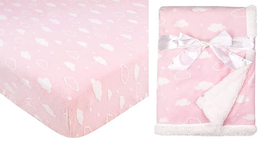 American Baby Company Heavenly Soft 2 Piece Chenille/Sherpa Crib Sheet & Blanket Set, Crib Sheet (52" x 28") & Receiving Blanket (30" x 35"), 3D Cloud Pink, for Boys and Girl