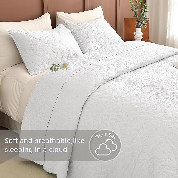 Lady Ann White Oversized King Quilt 120x120, Leaves Pattern Printed Oversized King Bedspreads for Bed, Lightweight & Soft Farmhouse Coverlets All Season Extra Large 3 Pcs Quilted Bedding Sets