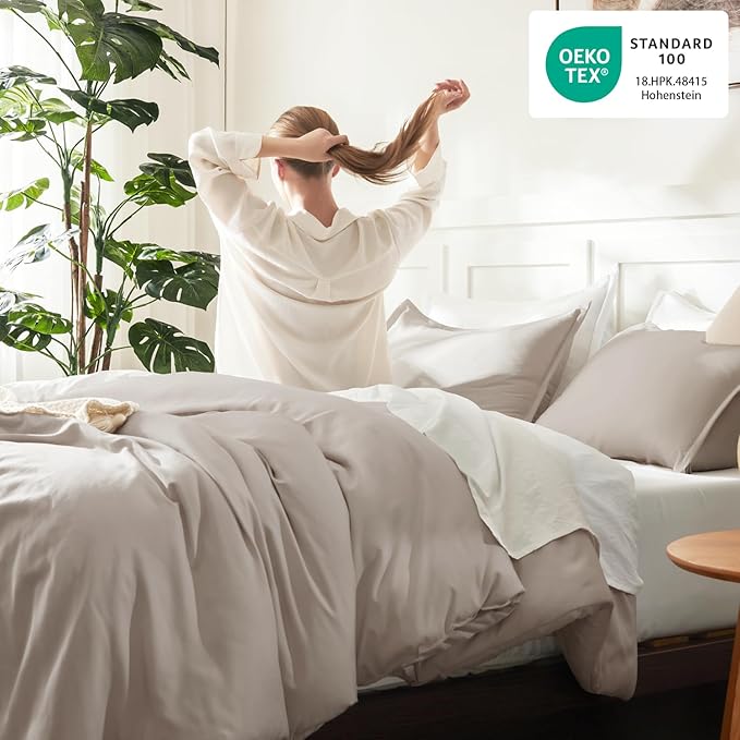 Litanika Linen Grey Comforter Set Full Size, 3 Pieces Lightweight Solid Bedding Comforter Set, All Season Fluffy Bed Set (79x90In Comforter & 2 Pillowcases)