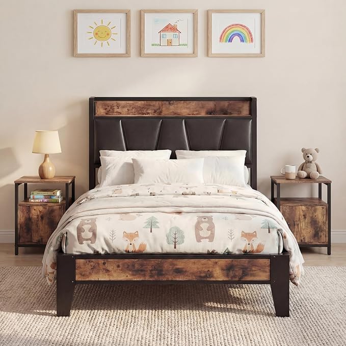 LIKIMIO Twin Bed Frame, Storage Headboard with Charging Station, Solid and Stable, Noise Free, No Box Spring Needed, Easy Assembly (Vintage and Black)