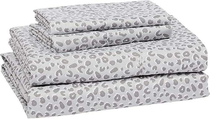 Amazon Basics Lightweight Breathable Super Soft Microfiber 4-Piece Bed Sheet Set,Wrinkle Resistant with 14-inch Deep Pockets,Queen,Gray Cheetah,Printed,(Pack of 4)
