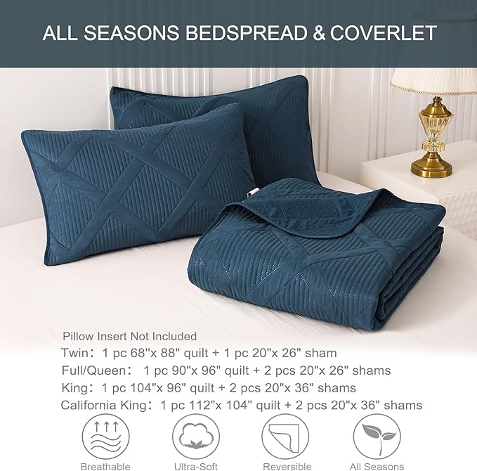 Exclusivo Mezcla Twin Size Quilt Set - Navy Blue Quilts Bedding Set with 2 Pillow Shams, Modern Bedspread with Striped Pattern, Soft Lightweight Bedspreads Coverlets for All Seasons