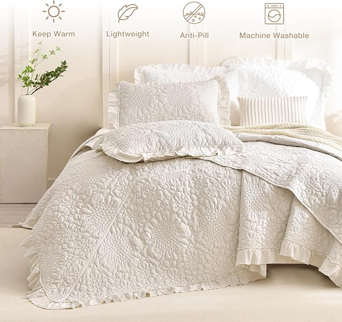 Masaca Oversized Queen Bedspread,Shabby Boho Chic Quilt Bedding Set 3Pcs (1 Farmhouse Quilt and 2 Pillowshams) Wheat Ruffled Crinkled Quilt Set Soft Lightweight Reversible Bedspreads & Coverlets