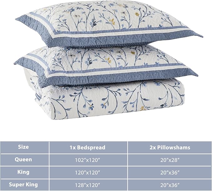 Oversized Queen Bedspread 102"x120" - 100% Cotton Lightweight All-Season Quilted Coverlet with Vine Floral Design - Elegant Farmhouse & Modern Bedding - Oversized Queen Quilt in Blue/White