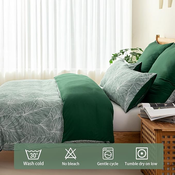 Lekesky Emerald Green Duvet Cover Queen Size, Reversible Queen Comforter Cover with Tropical Leaves Pattern, Soft 100% Washed Microfiber 3 Pieces Green Bedding Set with Zipper and 2 Pillowcases