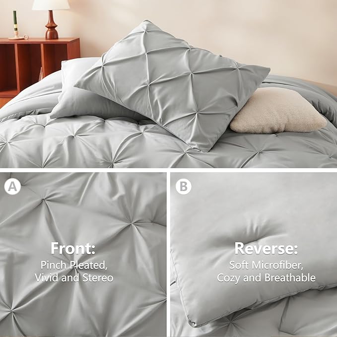 CozyLux Full Size Comforter Sets Light Grey, 7 Pieces Pintuck Bed in A Bag Gray Comforter Full Size, Pinch Pleat Bedding Sets with All Season Comforter, Sheets, Pillowcases & Shams
