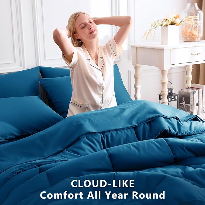 CozyLux King Size Comforter Set Teal, 7 Pieces Bed in a Bag, Teal Comforter King Size, All Season Bedding Sets with Stitch Quilted Comforter, Flat Sheet, Fitted Sheet, Pillowcases