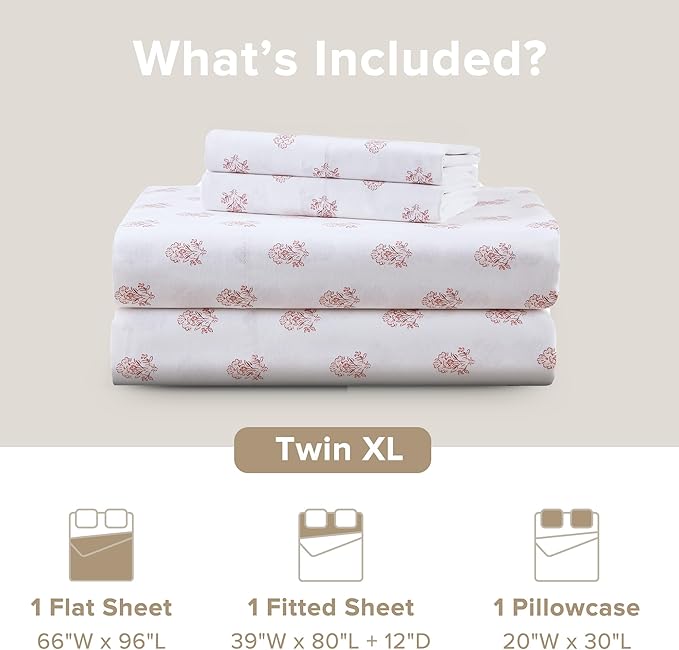 Comfort Spaces 100% Cotton Sheets Twin XL, Breathable, Naturally Cool Cotton Sheets, Soft Cotton Bed Sheets with 12" Elastic Pocket Fits up to 14" Mattress, All Seasons Sheet Set, Floral Pink 3 Piece