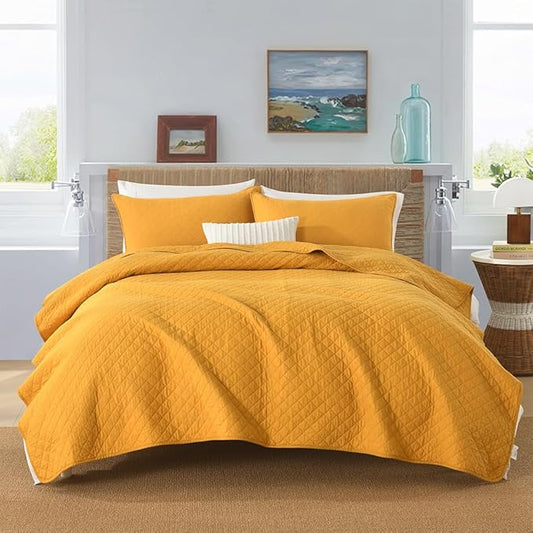 Cotton King Quilt Bedding Sets, 3 Pieces Reversible Lightweight Coverlets Comforters Bedspreads for All Seasons, Geometric Stitched Pattern,Yellow