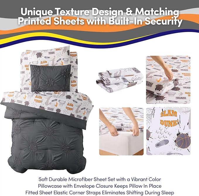 Basketball Pintuck Comforter Set Twin Size – Bed in a Bag with Sheets, Pillowcases & Shams – Soft Stylish Sports Bedding – All Season Boy’s Basketball Bed Set