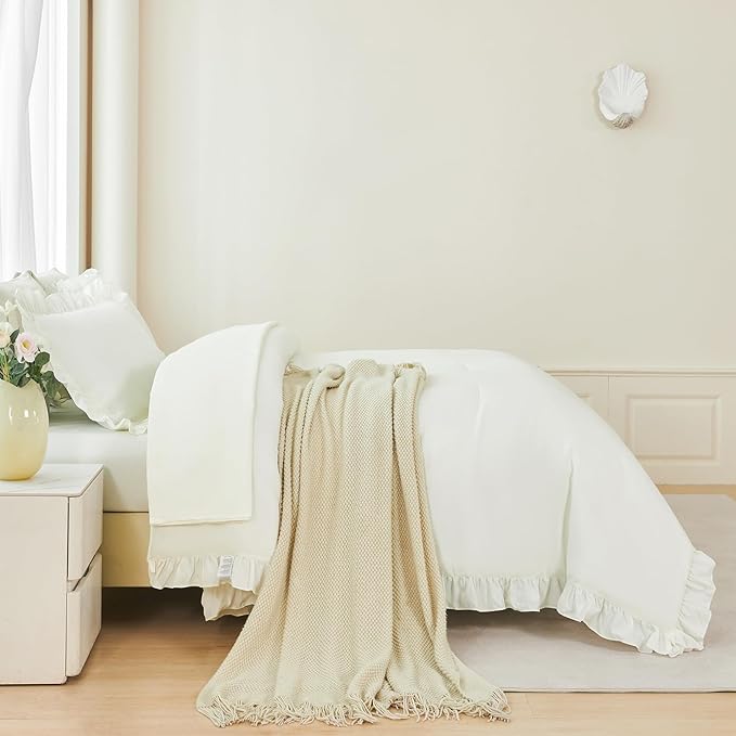 ANGIYUIN 5Pcs Full Szie Comforter Set Ivory Ruffle Bed in A Bag with Sheets Beige Farmhouse Aesthetic Bedding Comforter Set Soft Fluffy Bed Sets for Kids Teens(Ivory Full)