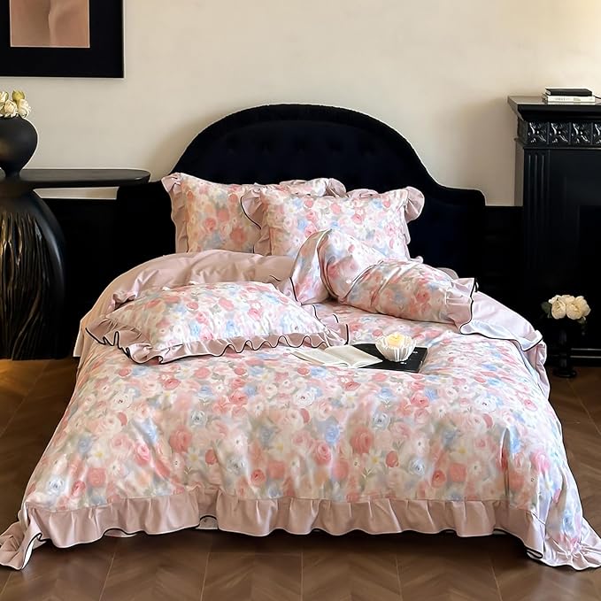 HighBuy Girl French Ruffle Duvet Cover Full Size,Coquette Ruffle Bedding Brushed Cotton Pink Rose Floral Comforter Cover Set for College,Farmhouse Chic Bedding Set Breathable