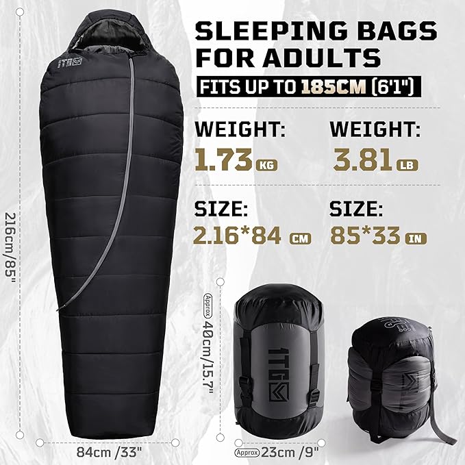 Sleeping Bag for Adults, 25-36℉Cold Weather Mummy Sleeping Bag, Lightweight 3–4 Season Winter Sleeping Bag with Adjustable Hood, Phone Pocket & Compression Sack for Camping Hiking Backpacking