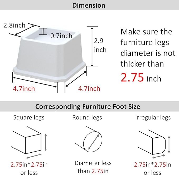 Bed Risers 2 Inch Heavy Duty Bed Elevators, Set of 6 Lifts Up 2000 lbs Furniture Riser for Sofa and Table, White