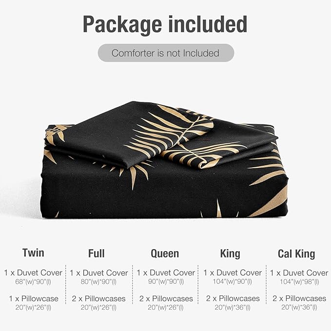 Lekesky Queen Duvet Cover Set, Black and Gold Tropical Palm Leaf Pattern Comforter Cover Queen Size, 3 Pieces Soft Microfiber Bedding Sets with Zipper & 2 Pillowcases, Comforter Not Included