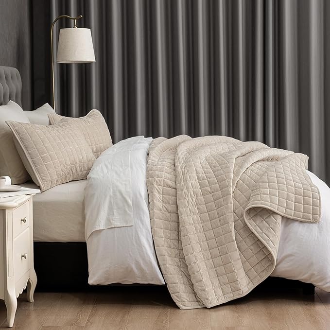 PHF Luxurious Velvet Quilt Set Twin Size – 2PCS Super Soft Quilted Comforter Alternative with Square-Box Quilt Pattern, Warm Quilted Bedspread Coverlet, 68" x 92", Oxford Tan
