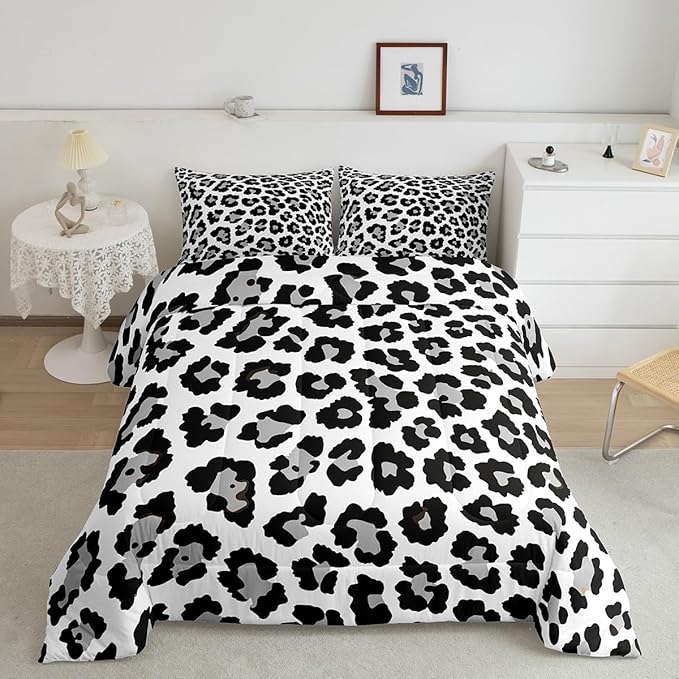 Feelyou Leopard Comforter Set Black Grey Cheetah Print Bedding Set for Kids Boys Girls Teens Decor Cow Pattern Comforter Africa Animal Lightweight Duvet Set 3Pcs Full Size