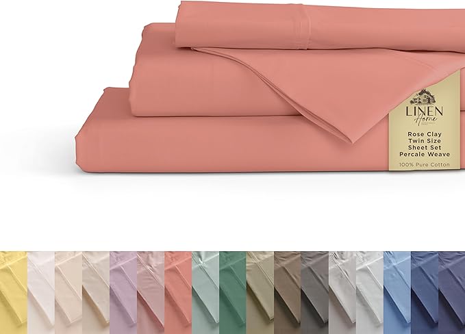 Linen Home 100% Cotton Percale Sheets Twin Size, Rose Clay, Deep Pocket, 3 Pieces Set - 1 Flat, 1 Deep Pocket Fitted Sheet and 1 Pillowcase, Crisp Cool and Strong Bed Linen