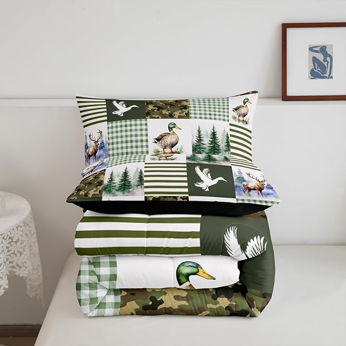 Feelyou Kids Mallard Duck Comforter Set Toddler Size, Duck Hunting Bedding Set Green Duck Comforter for Boys Girls Deer Hunting Duvet Insert Bed Set 2Pcs