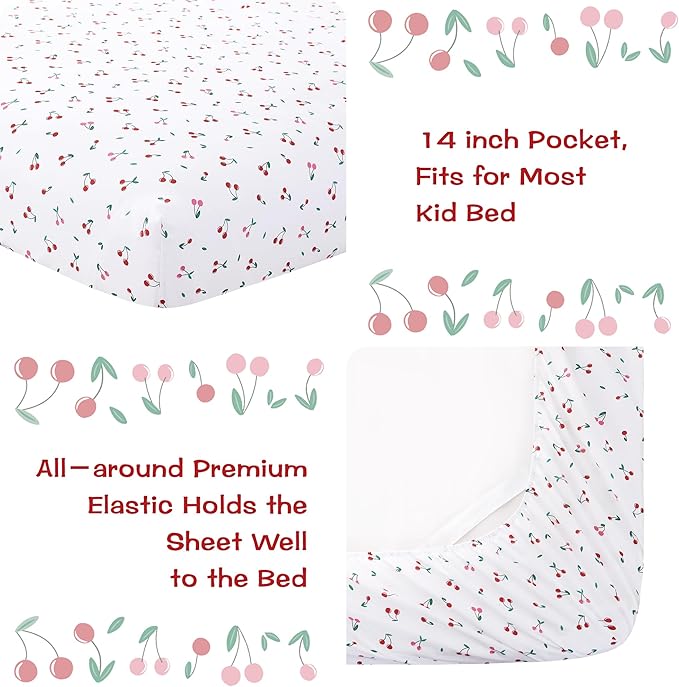 Kids Sheet Set Twin Size, Twin Sheet Set with Little Cherry Pattern，Breathable Silky Soft Microfiber Kids Fitted Sheet