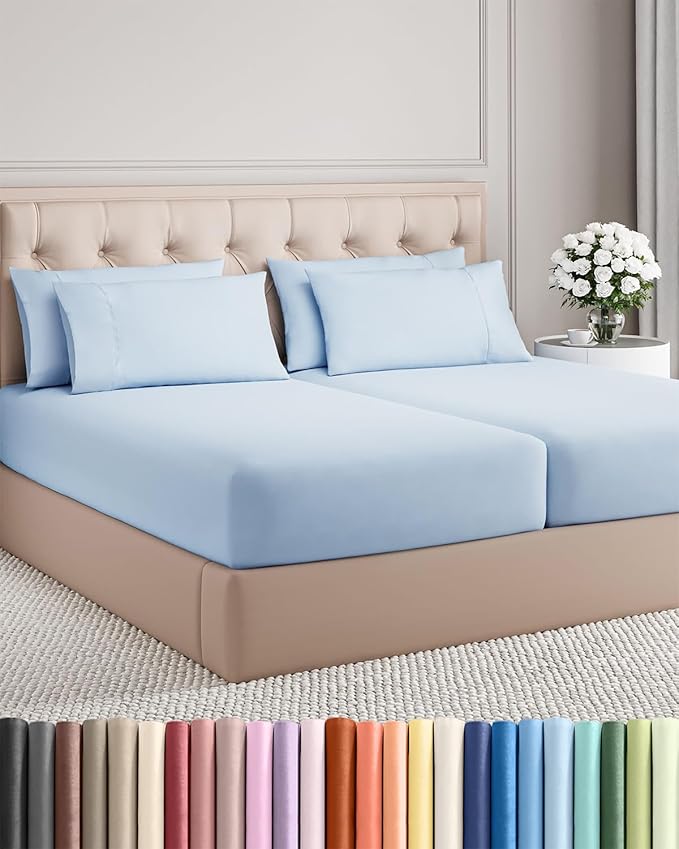 Split King 7 Piece Sheet Set - Comfy Breathable & Cooling - Soft Hotel Luxury Bedding Set with 8-16 Inch Deep Pockets - 1 Flat & 2 Fitted Sheet & 4 Pillowcases - Wrinkle Free & Easy Care - Sky Blue