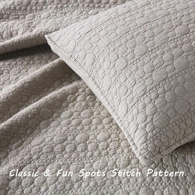 HORIMOTE HOME Quilt Set Queen Size Beige, Classic Geometric Spots Stitched Pattern, Stone-Washed Microfiber Chic Rustic Look, Ultra Soft Lightweight Quilted Bedspread for All Season, 3 Pieces