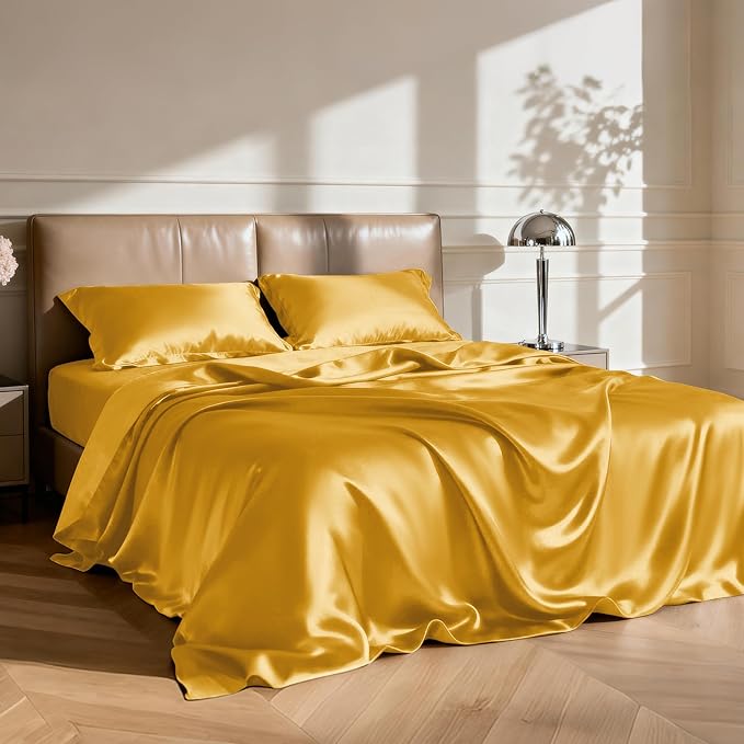 Love's cabin Twin Satin Sheets Sets - 3 Piece Gold Silky Bed Sheets with Deep Pockets, Luxury Silk Feel Satin Twin Size Sheet Set Bedding Set (1 Flat Sheet,1 Fitted Sheet,1 Pillow case)