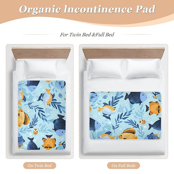 Waterproof Bed Pad Reusable Changing Pad Toddler Mattress Protector Large Pee Pad Baby Diaper Pad Soft Washable Liner Light Blue Fish Seaweed and Bubbles
