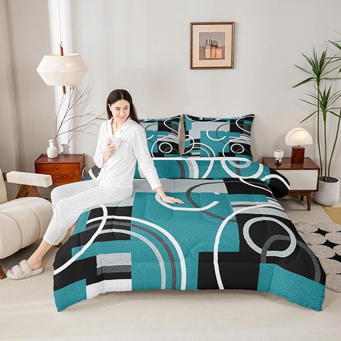 Modern Turquoise Decor Comforter King Geometric Circles Gird Bedding Set For Boys Girls Kids Teens Adult Black Grey Down Comforter Stripe Swirls Duvet Set Modern Graphic Texture Quilted Comforter