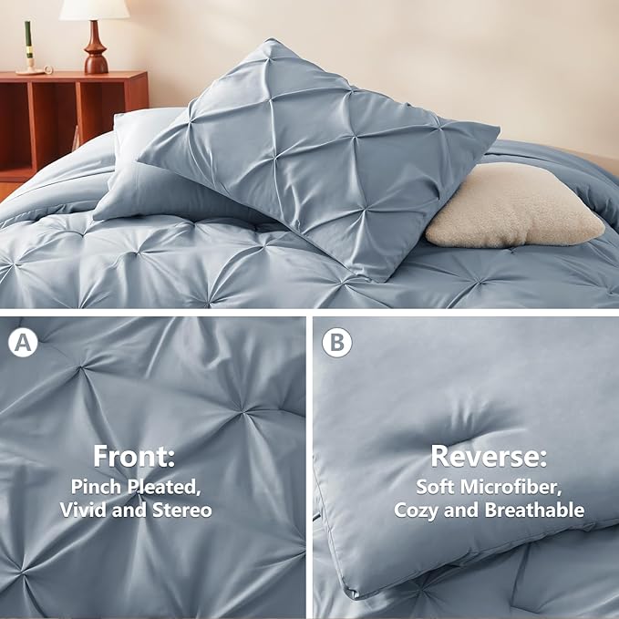 Oversized Queen Comforter Set Grayish Blue, 7 Pieces Pintuck Bed in A Bag Oversized Queen Size Bedding, Soft Bed Set All Season Pinch Pleat Comforter Set with Sheets, Pillowcases & Shams