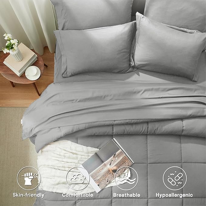 Anluoer Twin Comforter Set 5 Piece, Light Grey Bed in a Bag with Comforters, Pillow Shams, Pillowcases, Flat Sheet, Fitted Sheet