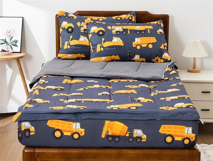 Meeting Story 3pcs Kids Comforter Sets Zipper Bedding Set for Boys,Twin Kid Bedding Set Car Comforter Construction Bedding for Kid,All in one Zipper Bedding（Grey,Twin）