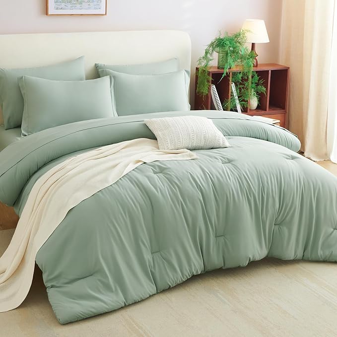 CozyLux California King Comforter Set Sage Green, 7 Pieces Cal King Bed in a Bag Bedding Comforter Set with Sheets, 7PC Bed Set with Comforter, Fitted Sheets, Flat Sheets, Pillow Shams and Pillowcases