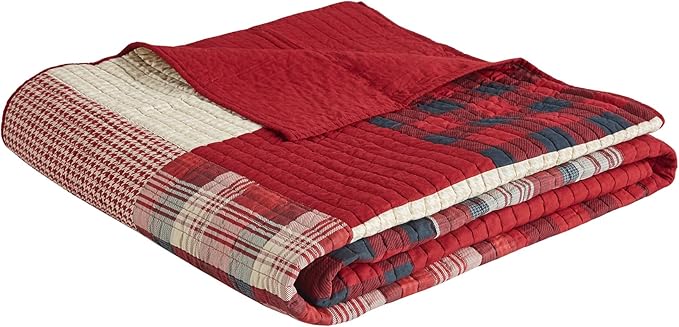 Woolrich Sunset Reversible Quilt Set - Cottage Styling Reversed to Solid Color, All Season Lightweight Coverlet, Cozy Bedding Layer, Matching Shams, Oversized King/Cal King, Plaid Red 3 Piece
