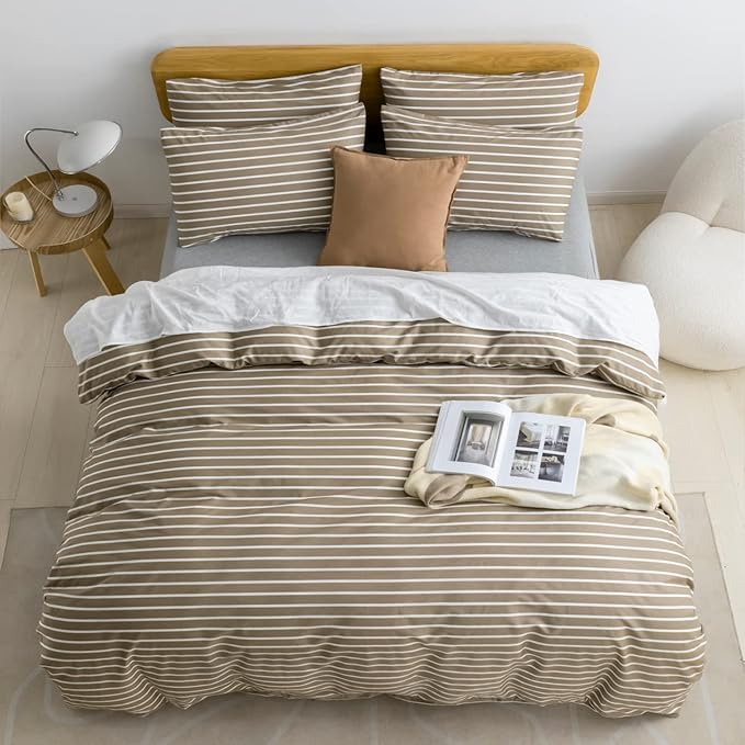 JELLYMONI King Duvet Cover Set, Cotton Duvet Cover 3 Pieces with Zipper Closure, 1 Duvet Cover and 2 Pillowcases(Khaki with White Striped)