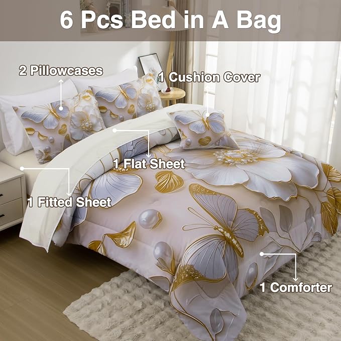 A Nice Night Full 6pcs Bed in A Bag Glod Dreamy 3D Butterfly Printed, Pearl Flower Design Butterflies Bedding Full Comforter Set, for Girls Kids Teens