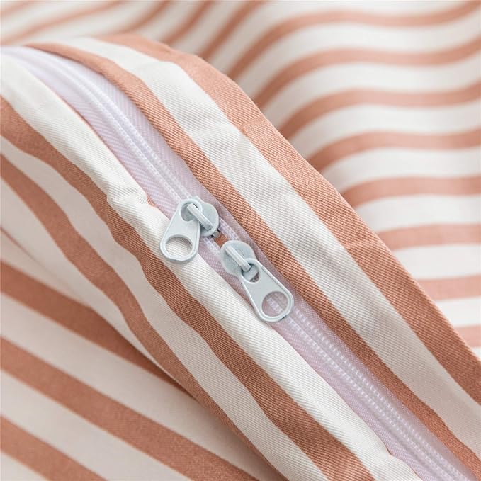 JELLYMONI 100% Natural Cotton 3pcs Striped Duvet Cover Sets,White Duvet Cover with Pink Stripes Pattern Printed Comforter Cover,with Zipper Closure & Corner Ties(King Size)