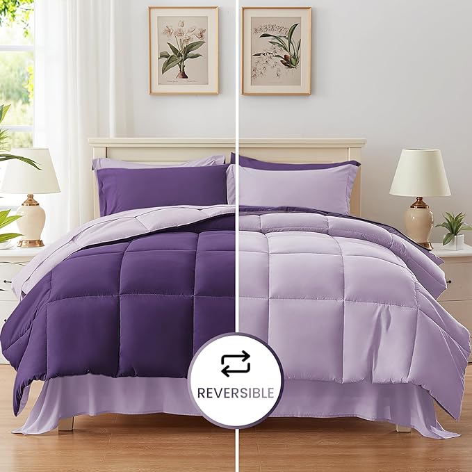 Anluoer King Comforter Set,Dark Purple&Light Purple Bed in a Bag 7 Piece,Lightweight Bedding Set with Down Alternative Fill,Bed Set Includes Comforter, Fitted Sheet, Flat Sheet,Pillowcases and Shams