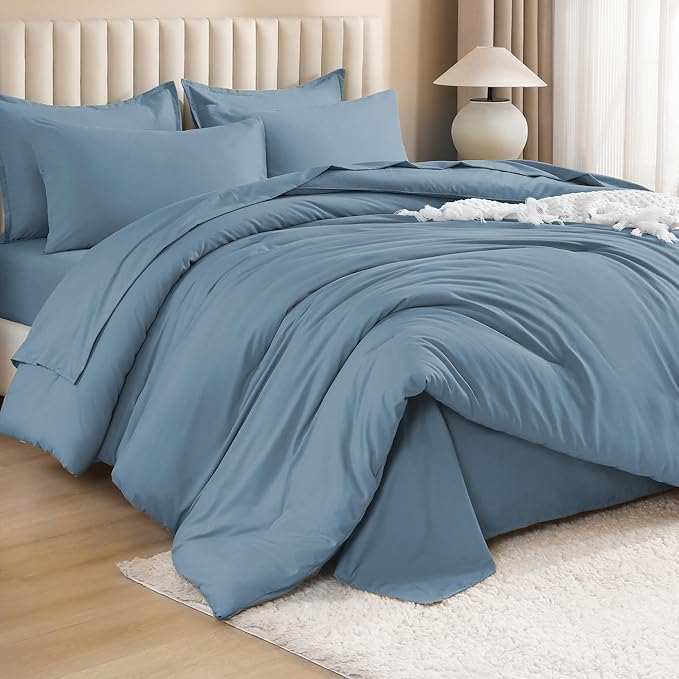 Litanika Twin XL Comforter Set Dusty Blue - 5 Pieces Twin Extra Long Bed in a Bag for College Dorm, All Season Bedding Set for Girls and Boys, Soft Bed Set with Comforter, Sheets, Pillowcase & Sham
