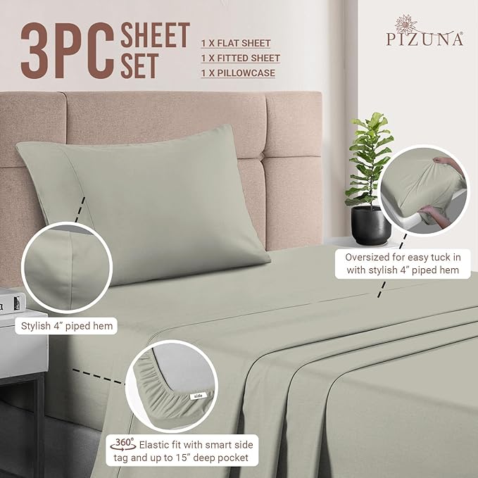 Pizuna Pure 100% Cotton Sheet Set Twin, Luxurious 400 Thread Count Long Staple Cotton Sateen Sheets Twin with 15" Deep Pocket (Silver)